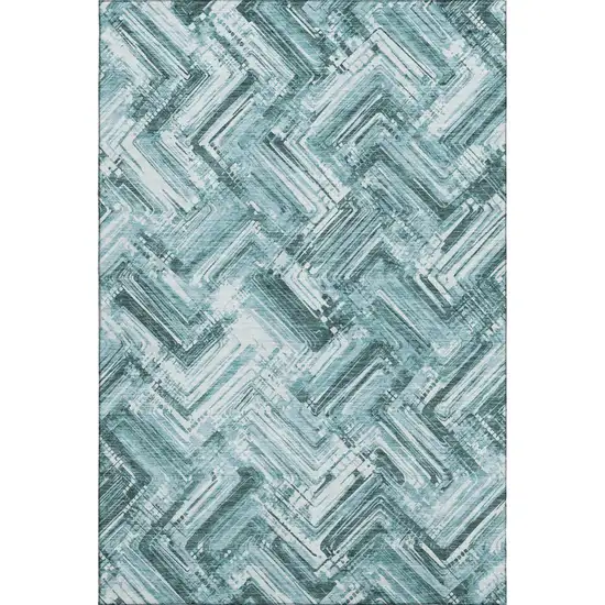 Teal And Ivory Chevron Washable Area Rug With UV Protection Photo 1
