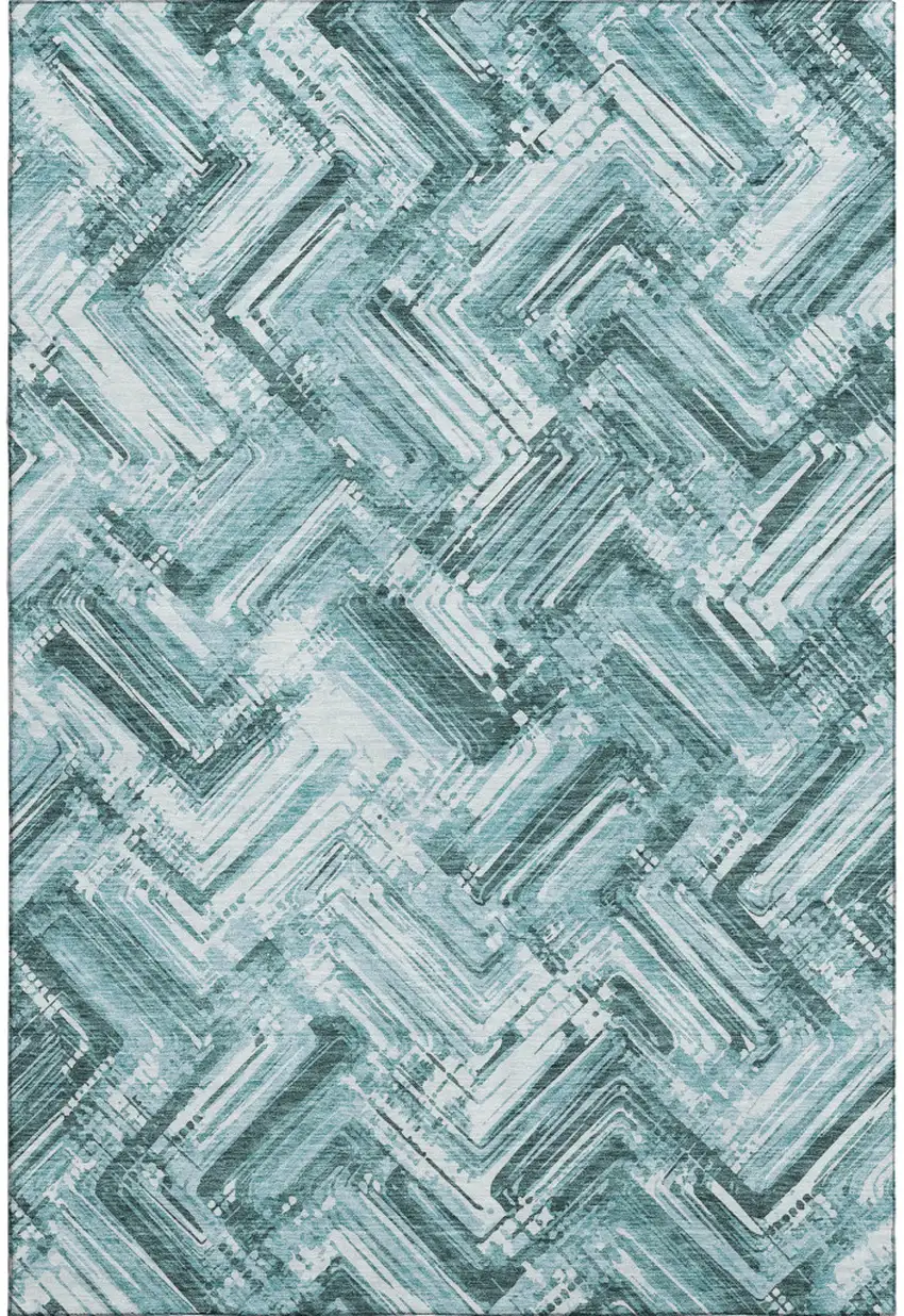 Teal And Ivory Chevron Washable Area Rug With UV Protection Photo 1