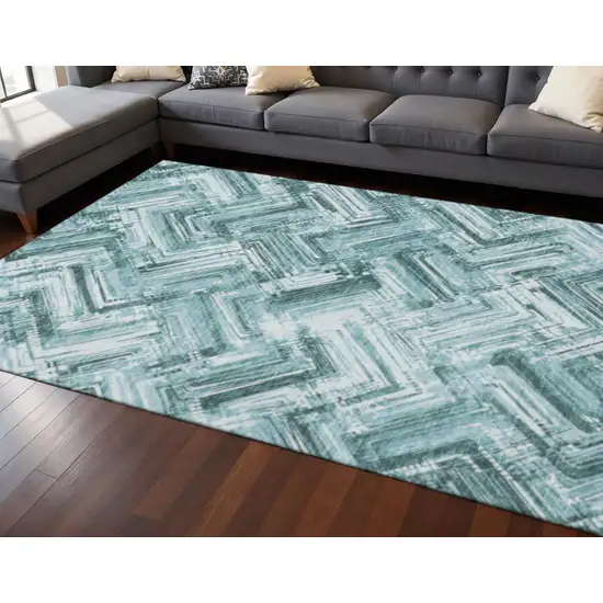 Teal And Ivory Chevron Washable Area Rug With UV Protection Photo 2