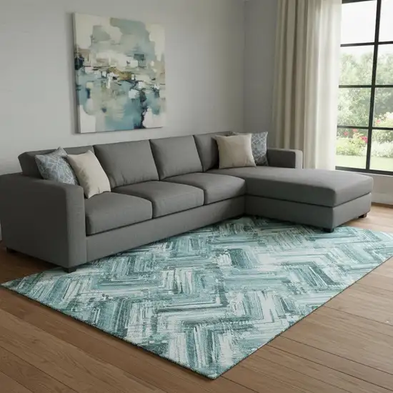 Teal And Ivory Chevron Washable Area Rug With UV Protection Photo 1