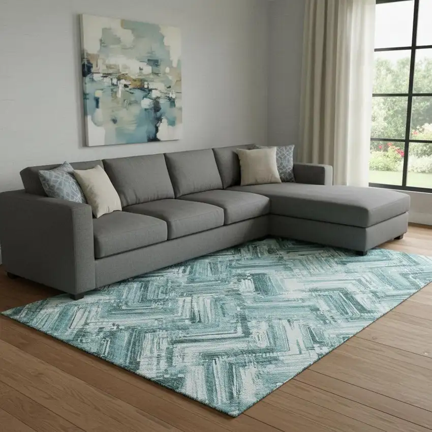 Teal And Ivory Chevron Washable Area Rug With UV Protection Photo 1