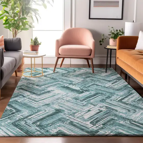 Teal And Ivory Chevron Washable Area Rug With UV Protection Photo 5