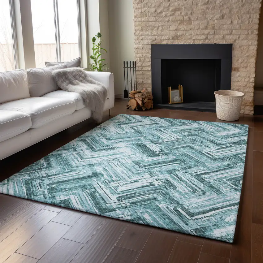 Teal And Ivory Chevron Washable Area Rug With UV Protection Photo 6