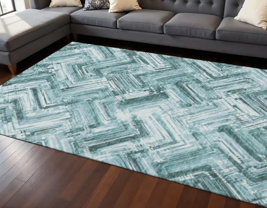 Teal And Ivory Chevron Washable Area Rug With UV Protection Photo 2
