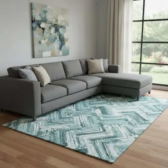 Teal And Ivory Chevron Washable Area Rug With UV Protection Photo 1