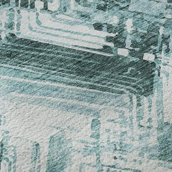 Teal And Ivory Chevron Washable Area Rug With UV Protection Photo 9