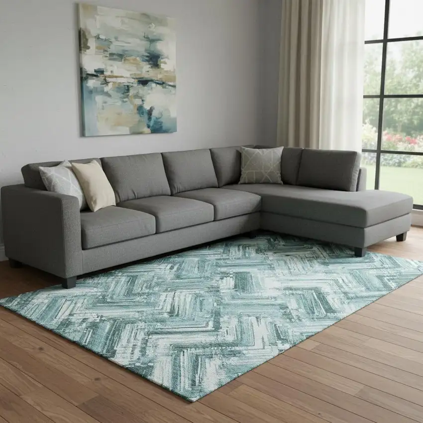 Teal And Ivory Chevron Washable Area Rug With UV Protection Photo 1