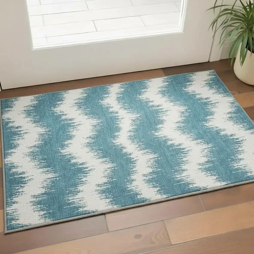 Teal And Ivory Chevron Washable Area Rug With UV Protection Photo 2