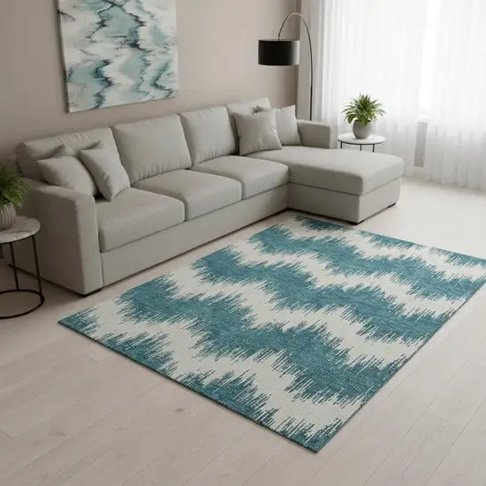Teal And Ivory Chevron Washable Area Rug With UV Protection Photo 2