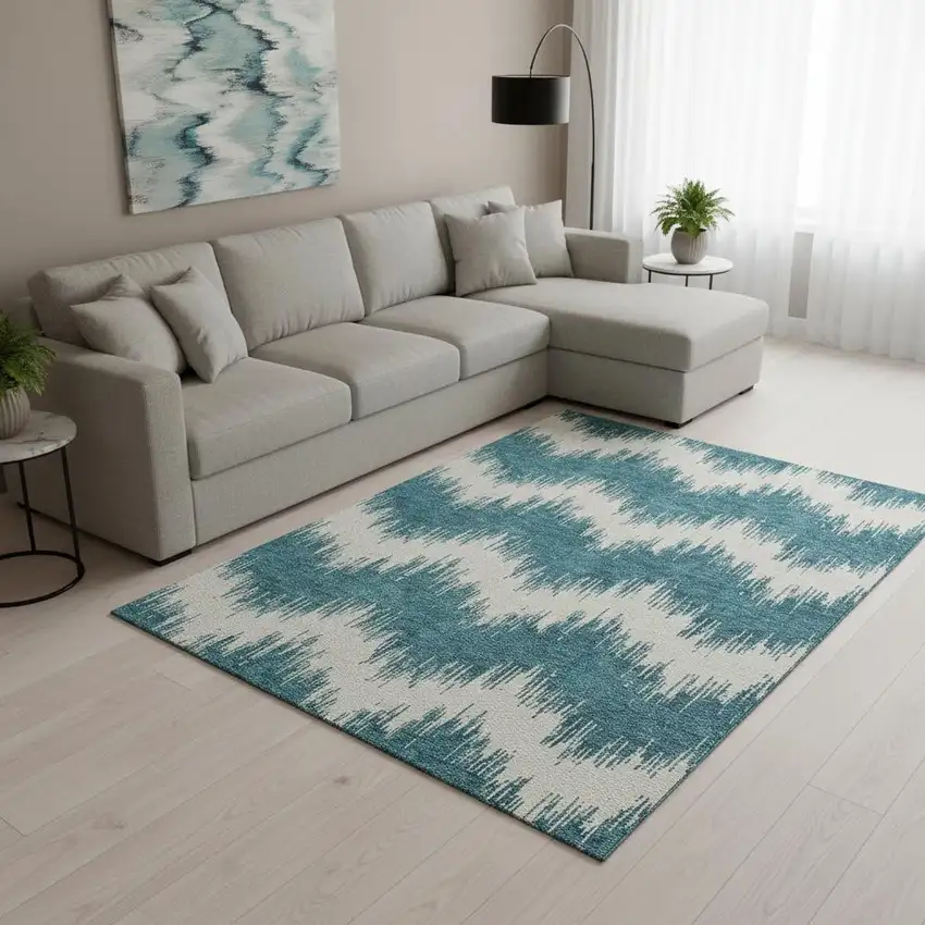 Teal And Ivory Chevron Washable Area Rug With UV Protection Photo 2