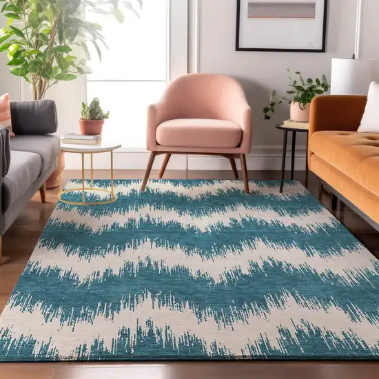 Teal And Ivory Chevron Washable Area Rug With UV Protection Photo 5