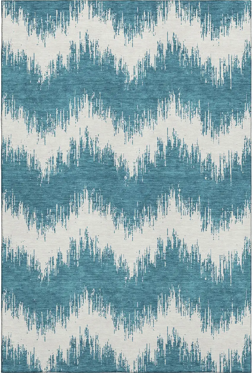 Teal And Ivory Chevron Washable Area Rug With UV Protection Photo 1