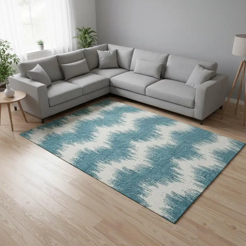 Teal And Ivory Chevron Washable Area Rug With UV Protection Photo 2
