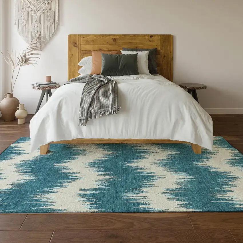 Teal And Ivory Chevron Washable Area Rug With UV Protection Photo 6