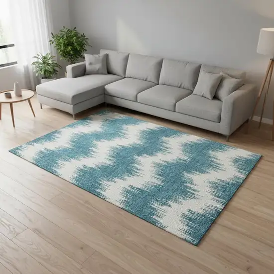 Teal And Ivory Chevron Washable Area Rug With UV Protection Photo 2