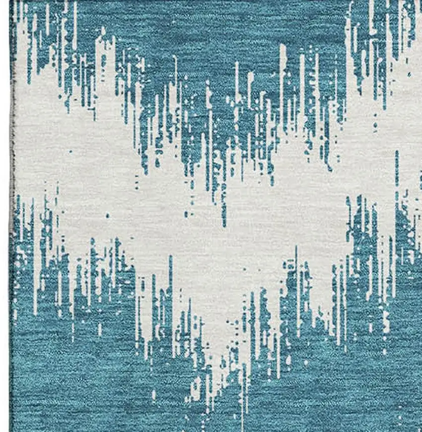 Teal And Ivory Chevron Washable Area Rug With UV Protection Photo 4