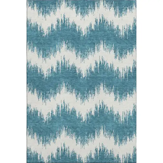 Teal And Ivory Chevron Washable Area Rug With UV Protection Photo 1