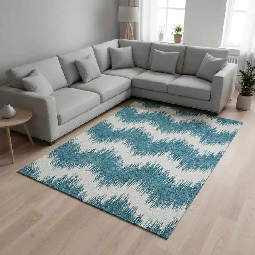Teal And Ivory Chevron Washable Area Rug With UV Protection Photo 2