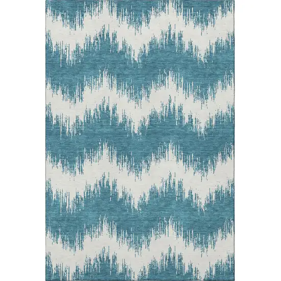 Teal And Ivory Chevron Washable Area Rug With UV Protection Photo 4