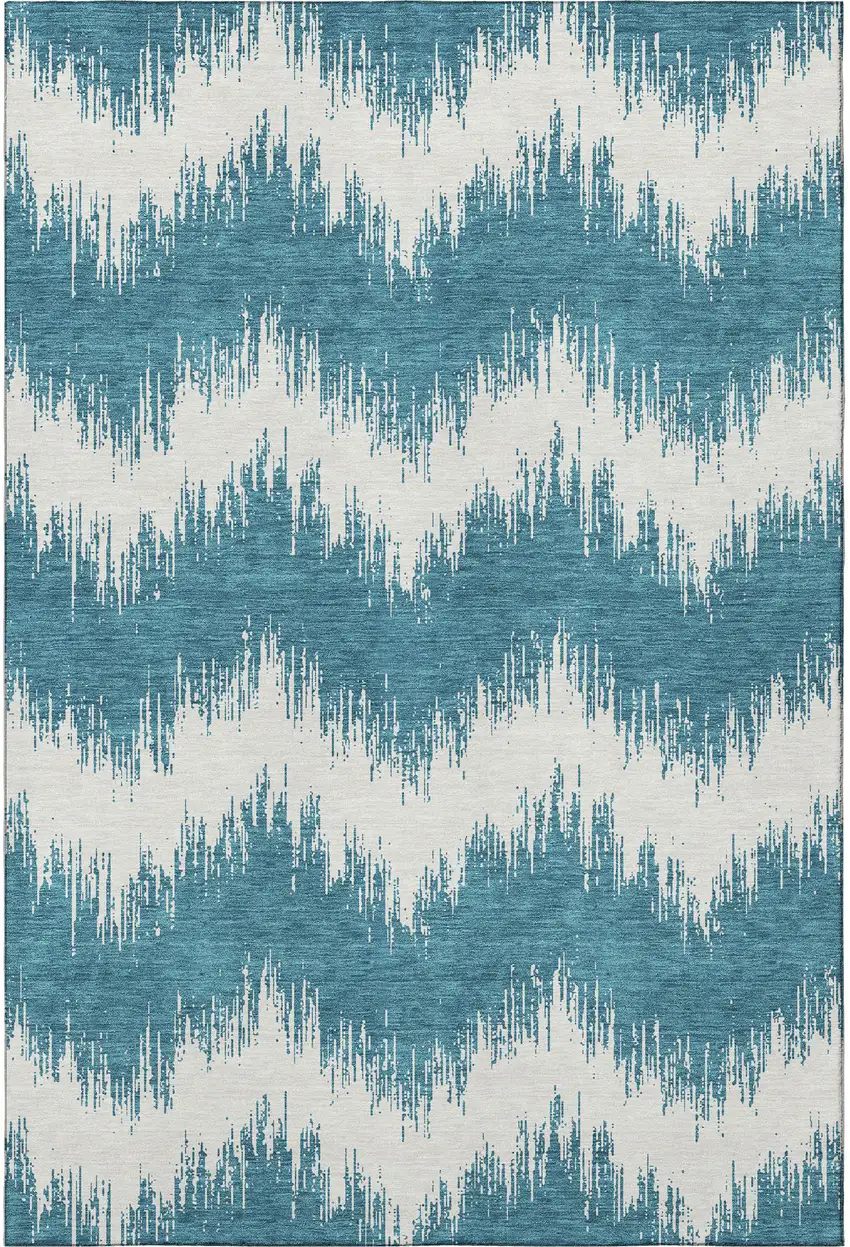 Teal And Ivory Chevron Washable Area Rug With UV Protection Photo 4