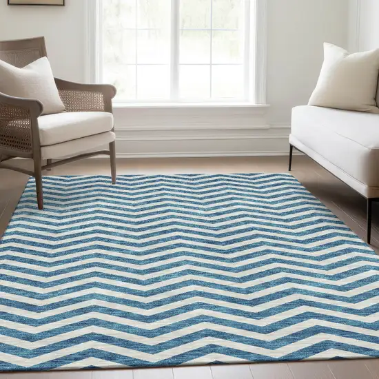 Teal And Ivory Chevron Washable Area Rug With UV Protection Photo 4