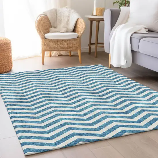 Teal And Ivory Chevron Washable Area Rug With UV Protection Photo 3