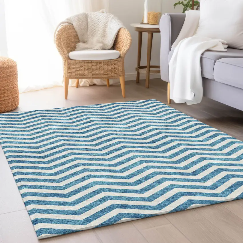 Teal And Ivory Chevron Washable Area Rug With UV Protection Photo 3