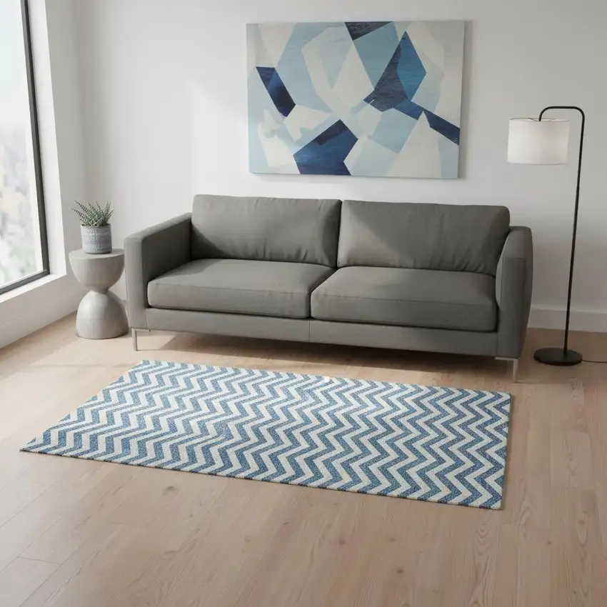 Teal And Ivory Chevron Washable Area Rug With UV Protection Photo 2