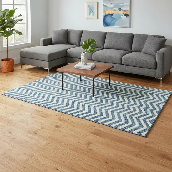 Teal And Ivory Chevron Washable Area Rug With UV Protection Photo 2