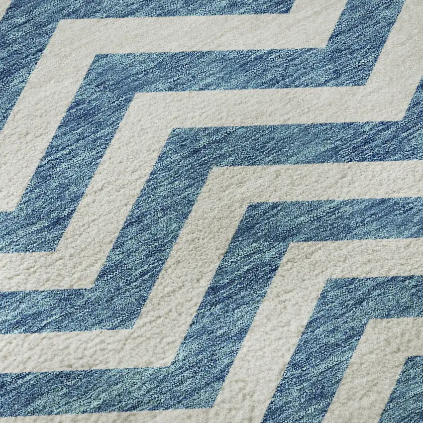 Teal And Ivory Chevron Washable Area Rug With UV Protection Photo 9
