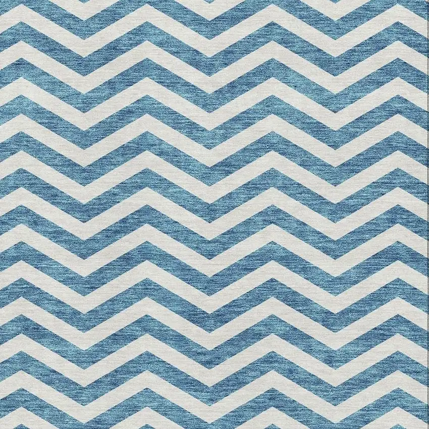 Teal And Ivory Chevron Washable Area Rug With UV Protection Photo 2