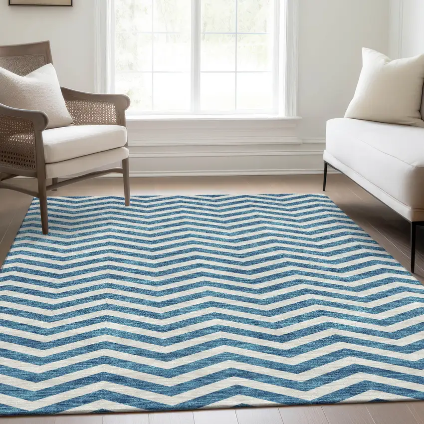 Teal And Ivory Chevron Washable Area Rug With UV Protection Photo 5