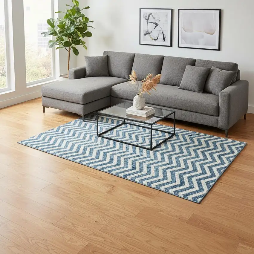 Teal And Ivory Chevron Washable Area Rug With UV Protection Photo 2