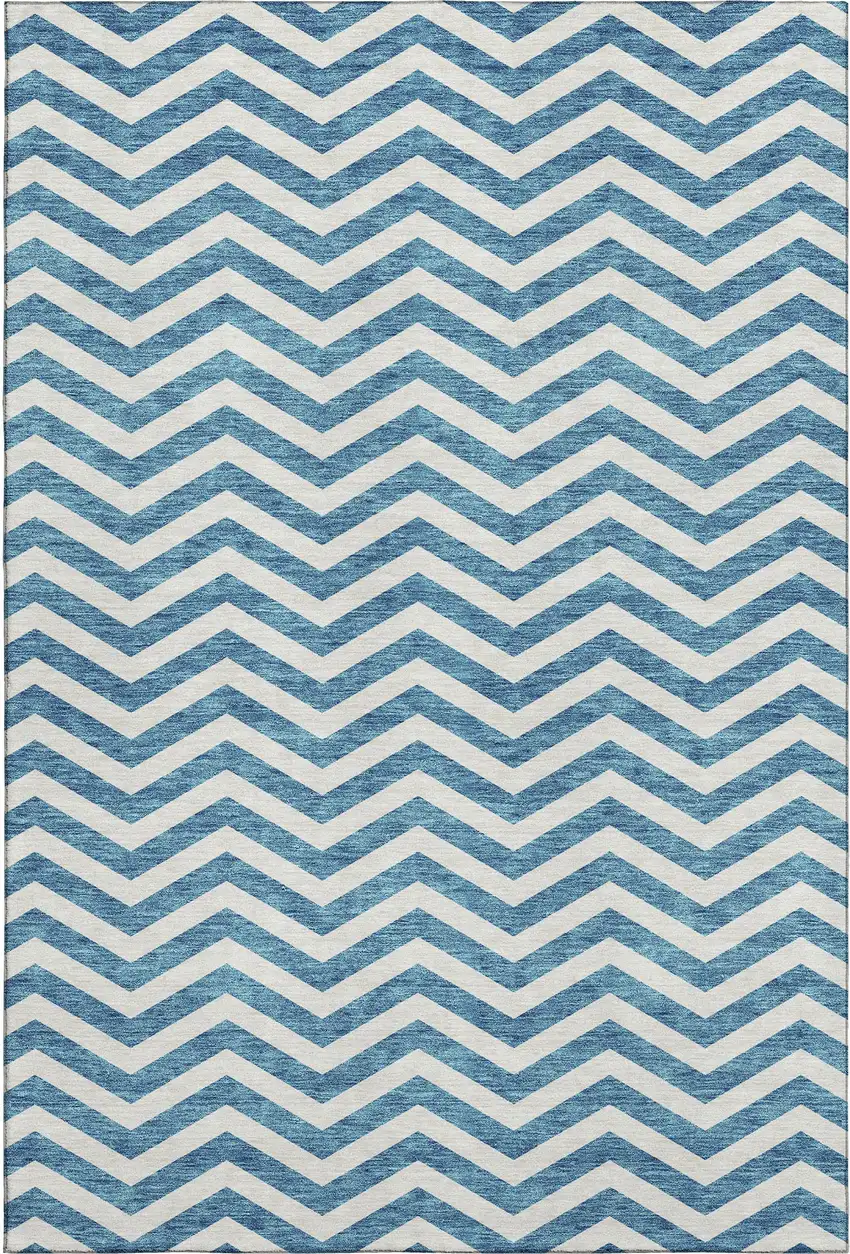 Teal And Ivory Chevron Washable Area Rug With UV Protection Photo 1