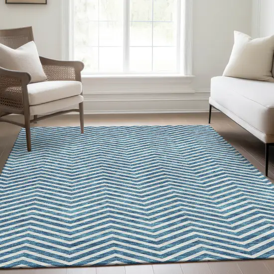 Teal And Ivory Chevron Washable Area Rug With UV Protection Photo 7