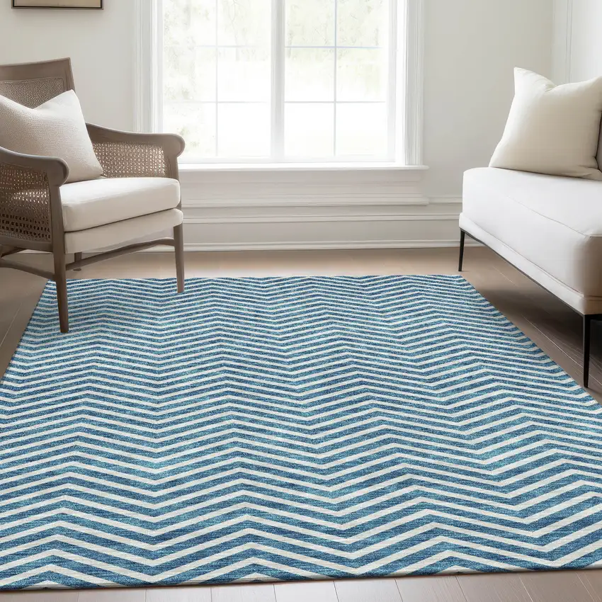 Teal And Ivory Chevron Washable Area Rug With UV Protection Photo 7