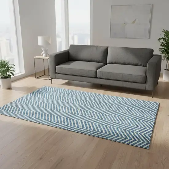 Teal And Ivory Chevron Washable Area Rug With UV Protection Photo 2