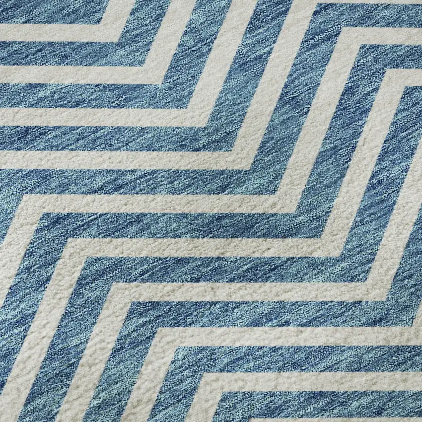 Teal And Ivory Chevron Washable Area Rug With UV Protection Photo 8