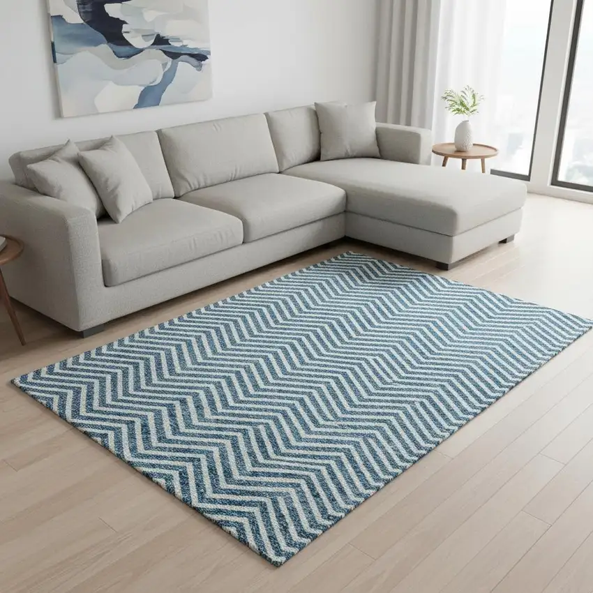 Teal And Ivory Chevron Washable Area Rug With UV Protection Photo 2