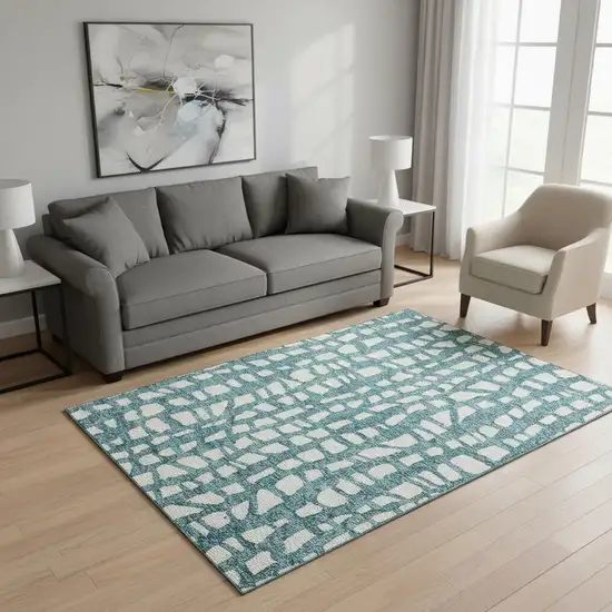Teal And Ivory Cobblestone Washable Area Rug With UV Protection Photo 2