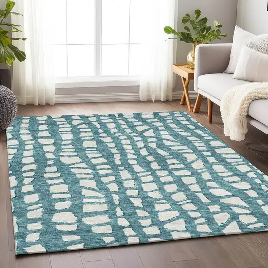 Teal And Ivory Cobblestone Washable Area Rug With UV Protection Photo 4