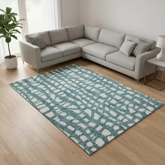 Teal And Ivory Cobblestone Washable Area Rug With UV Protection Photo 2