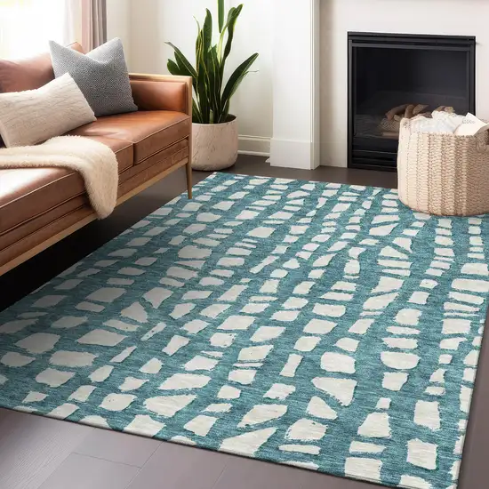 Teal And Ivory Cobblestone Washable Area Rug With UV Protection Photo 6