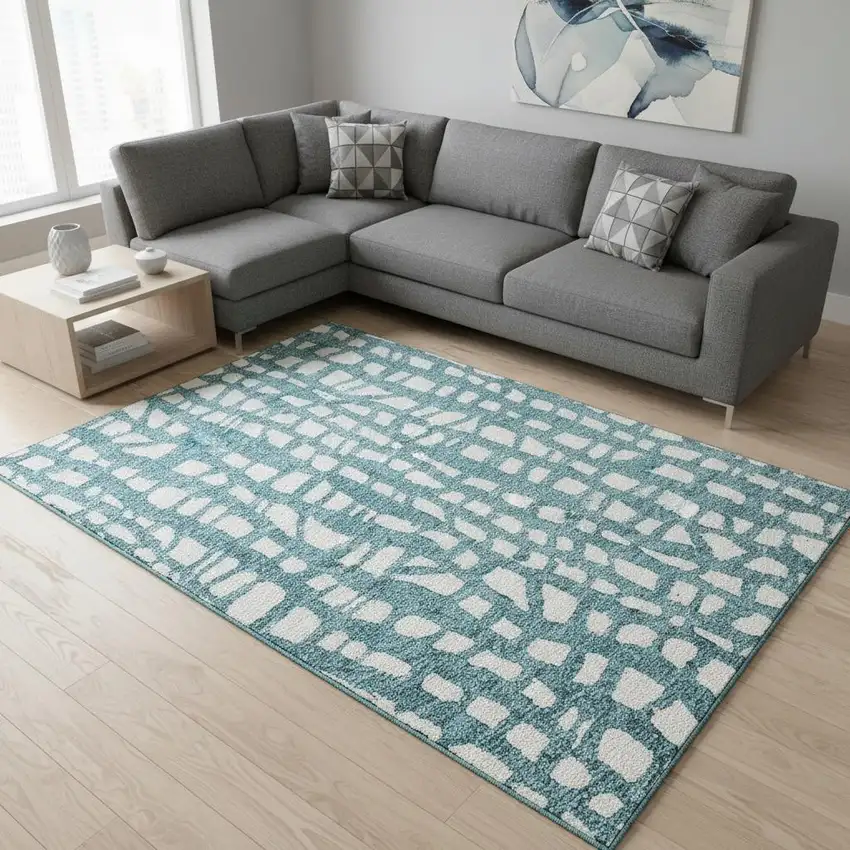 Teal And Ivory Cobblestone Washable Area Rug With UV Protection Photo 2