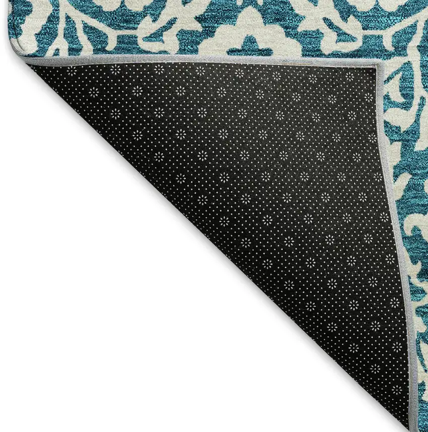 Teal And Ivory Damask Washable Area Rug With UV Protection Photo 6