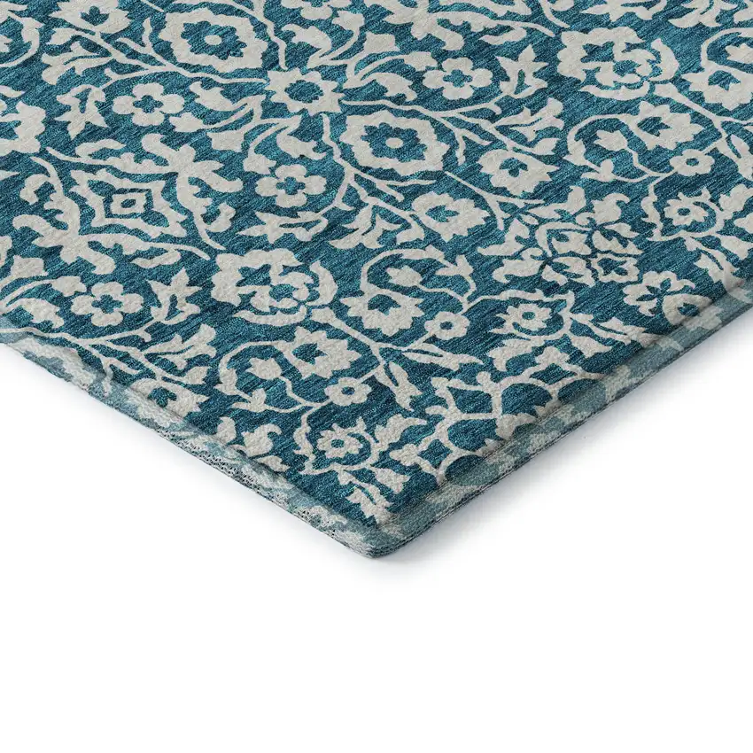 Teal And Ivory Damask Washable Area Rug With UV Protection Photo 7
