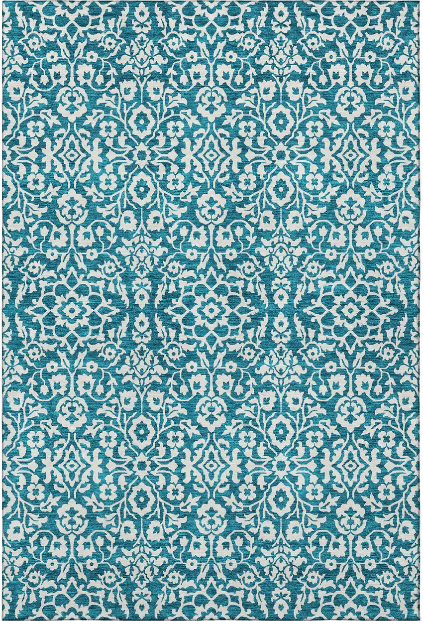 Teal And Ivory Damask Washable Area Rug With UV Protection Photo 3