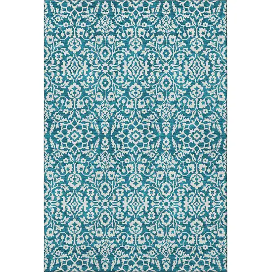 Teal And Ivory Damask Washable Area Rug With UV Protection Photo 3