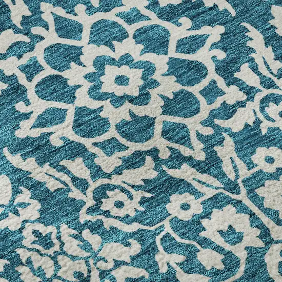 Teal And Ivory Damask Washable Area Rug With UV Protection Photo 9