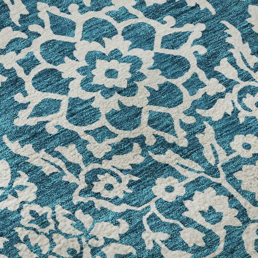 Teal And Ivory Damask Washable Area Rug With UV Protection Photo 9